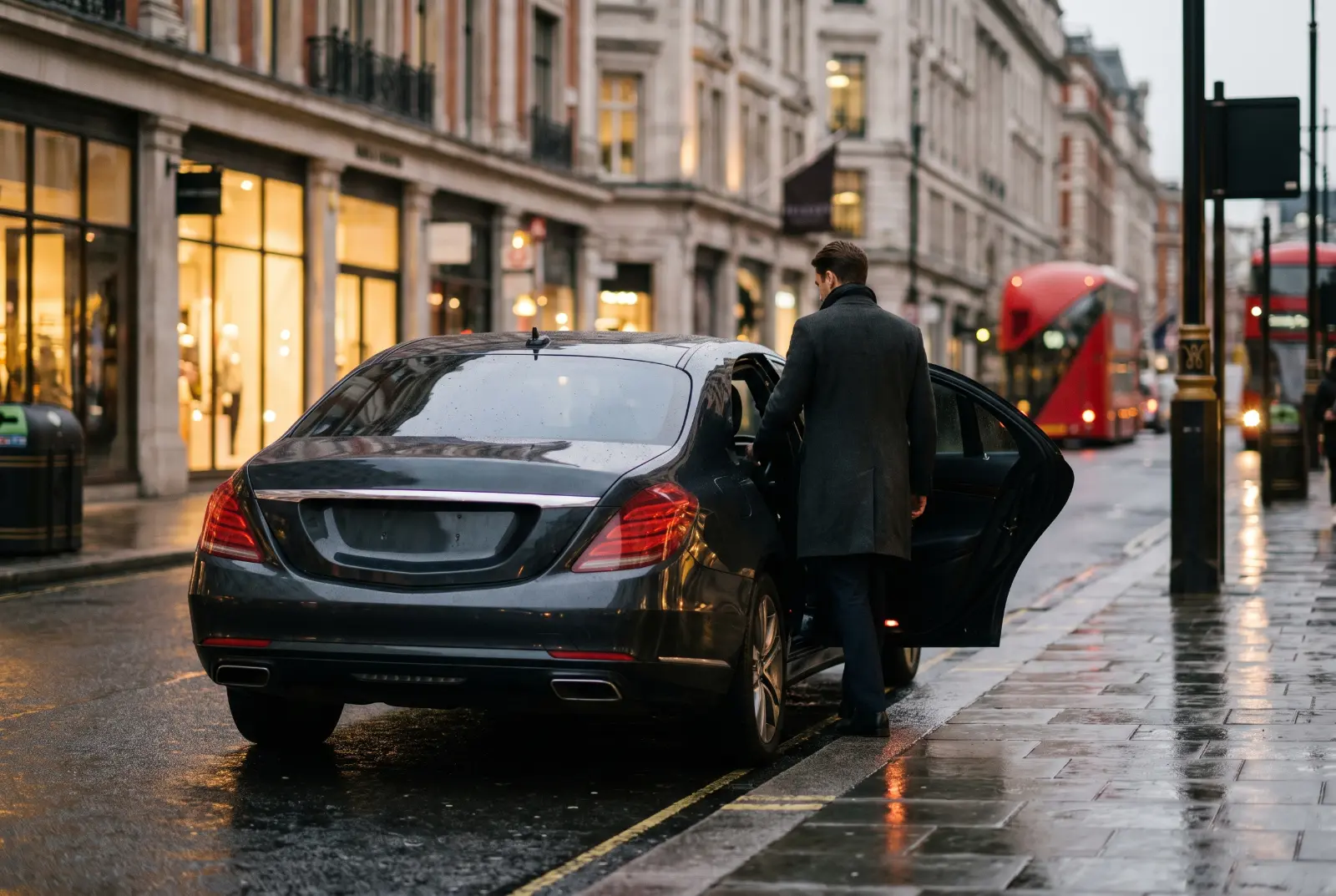 A passenger stepping into a black chauffeur-driven saloon on a London street at dusk